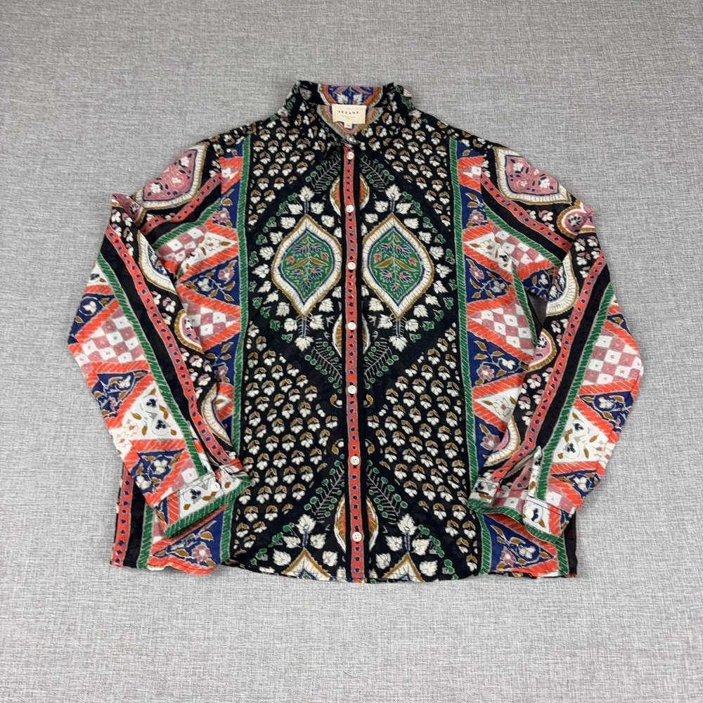 Sézane Shirt Womens 36 Black Button-Up Tunic Paisley Lightweight Cotton Silk